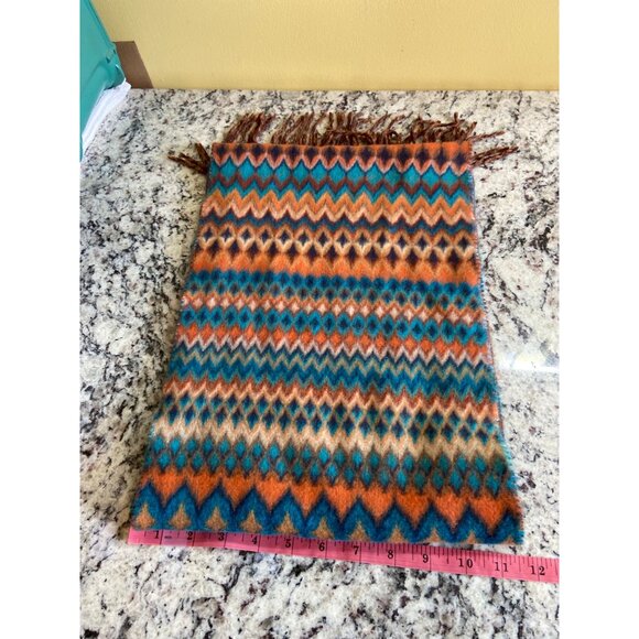Fras Feel Cashmink Womens Rectangle Scarf Zigzag Fringe Blue Orange Brown Warm - Picture 6 of 7